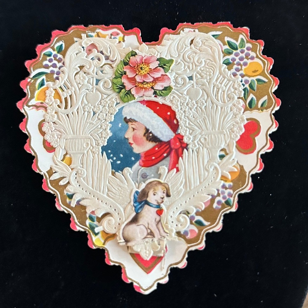 Vintage Whitney Made Heart Valentine Card Die Cut Embossed Girl Puppy Dog USA